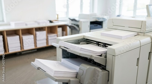 Commercial collating machine sorting stacks of white paper sheets. Automated document production equipment in a modern print shop. High volume printing and publishing concept