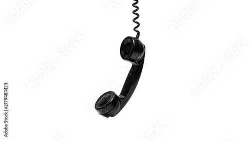 Fotografie Black vintage telephone handset with coiled cord hanging, isolated on transparen
