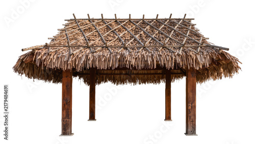 Fotografía Rustic thatched roof hut with wooden posts, isolated on transparent background