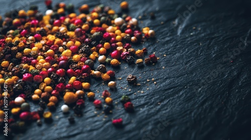 Colorful mixed peppercorns scattered on dark textured surface for culinary spice or seasoning