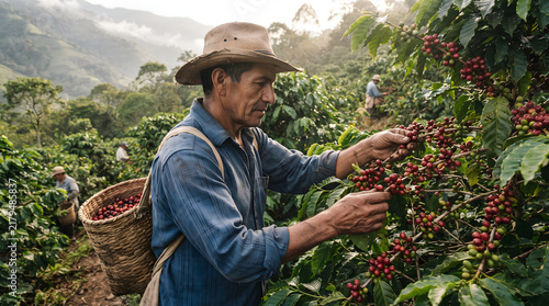 Dedicated coffee farmer meticulously harvests ripe red cherries from vibrant coffee plants on a lush mountain plantation, ensuring quality for the morning brew