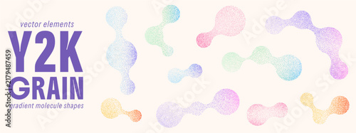 Airdrop metaball set of soft gradient molecule figures. Pink mint and violet grain tints wash over speckled spray. Y2k airbrush vector blob set for advertising layout or presentation slide