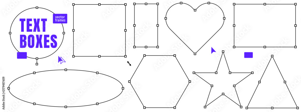 Obraz premium Bounding box set of geometric outlines with resize handles. Bounding shapes include heart oval star triangle and hexagon. Modular vector box collection for infographic design or presentation slide