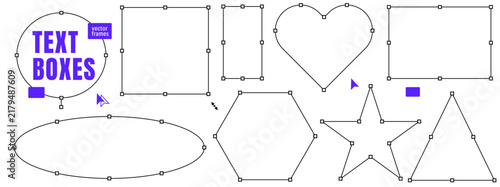 Bounding box set of geometric outlines with resize handles. Bounding shapes include heart oval star triangle and hexagon. Modular vector box collection for infographic design or presentation slide