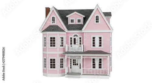 Modern white townhouse with pink doors and windows