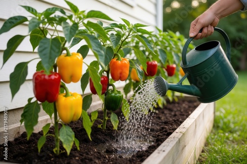 A person waters a home garden bed featuring several bell pepper plants with colorful ripe vegetables.