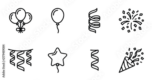 Celebration icons with balloons, confetti, and streamers, outline solid styles, UI and web interface.