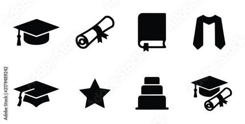Graduation cap diploma book graduation gown star cake icons outline solid styles, UI and web interface.