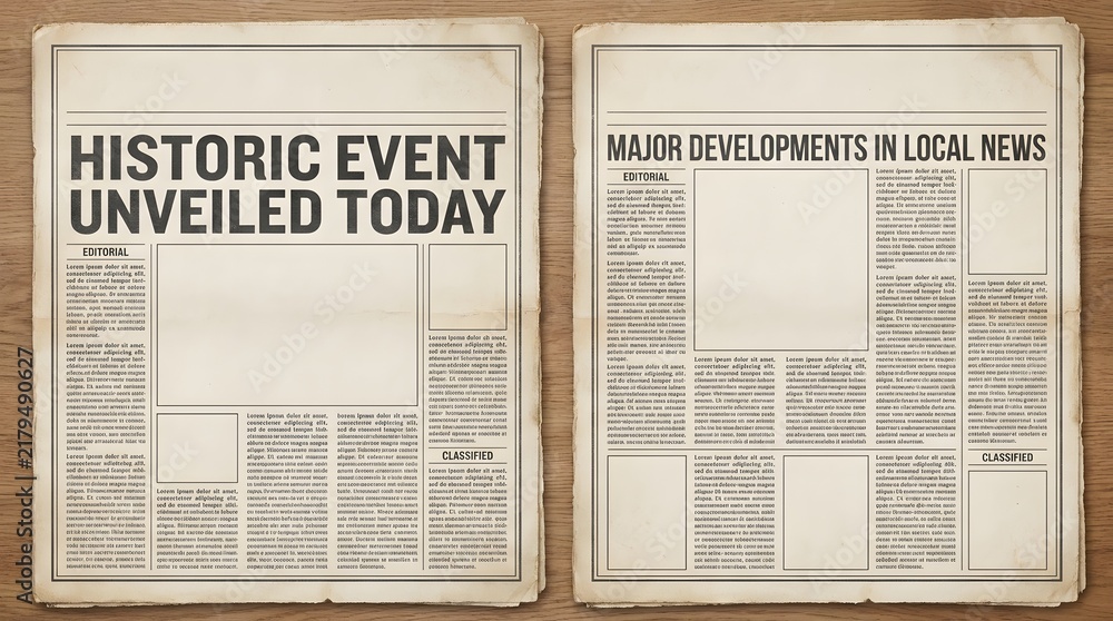Fototapeta premium Vintage newspaper front page announcing major historic event with black bold headlines and retro typography