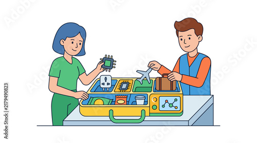 People Packing Travel Suitcase with Electronic Tech and Travel Items