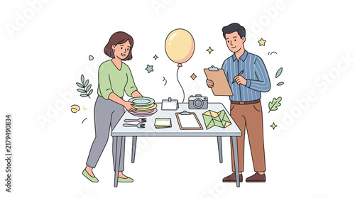 People preparing event decorations and logistics with clipboard