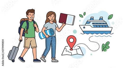 Happy Couple Traveling with Cruise Ship and Navigation Map