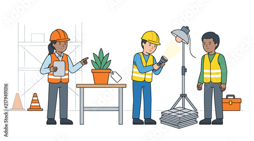 Construction Workers Inspecting Site with Equipment and Plant