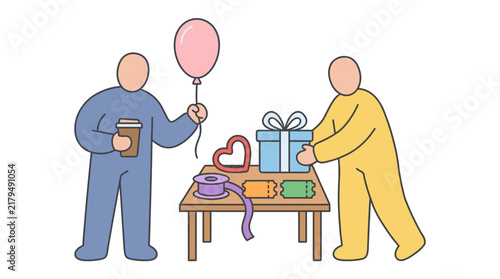 People preparing gifts and party decorations vector illustration