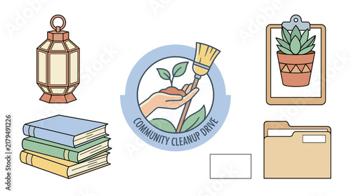 Community Cleanup Drive and Office Supplies Vector Set