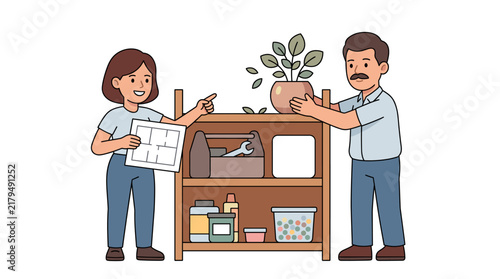 Couple assembling furniture and decorating home interior