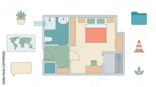 Apartment floor plan with furniture and various icons