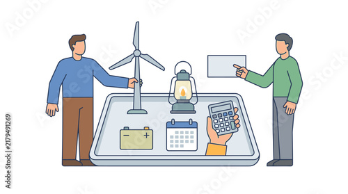 People planning renewable energy project with digital tools