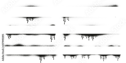 Black spray paint horizontal banners set. Grunge aerosol paint frames, dripping ink borders, spray mist text boxes, street art header elements. Urban banner vector illustration set. Page dividers 