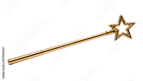 Konstfotografi Golden star magic wand with textured surface, isolated on transparent background