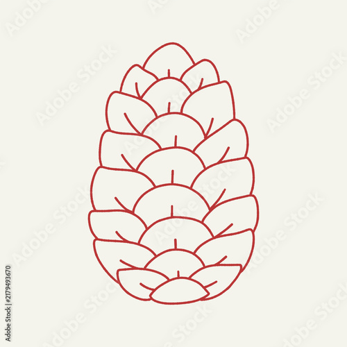 Simple hand drawn pine cone illustration in red outline on a warm cream background, featuring layered scales and a clean minimalist botanical style