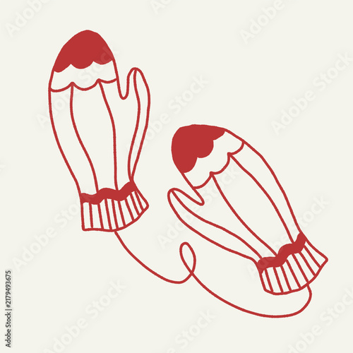 Pair of cozy winter mittens with decorative cuffs and contrasting red details, illustrated in a playful hand drawn line style on a warm cream background