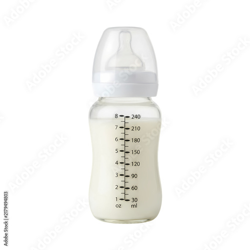 Baby bottle filled with milk for infant feeding isolated on a white background