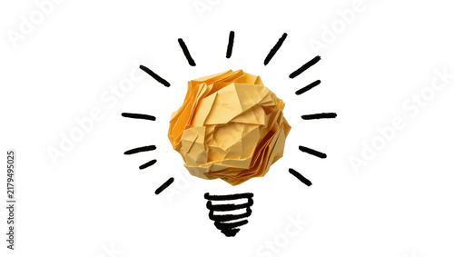 Crumpled yellow paper ball forming a light bulb shape, isolated on transparent background