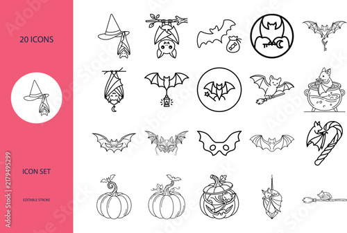 Halloween Bat Line Icon Set Featuring Cute Animals Witch Hats Cauldrons