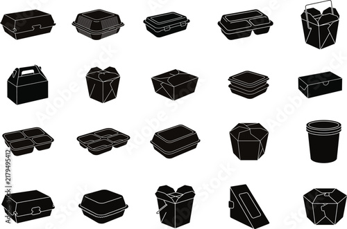 Collection of black food takeout container silhouettes showing diverse packaging designs for delivery and restaurant concepts