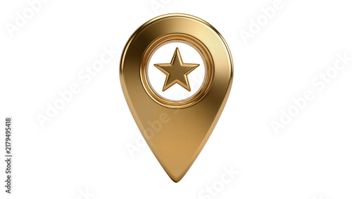 Golden location pin with star inside, isolated on transparent background