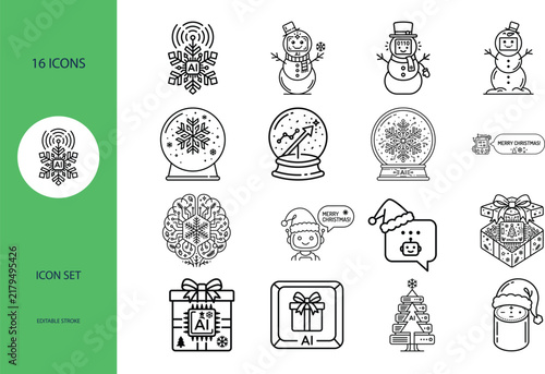 Christmas Icon Set with Snowman Robot and Smart Snowglobe