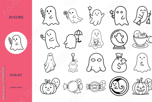 Cute Halloween ghost line icon set with pumpkin and candy