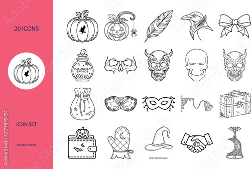 Halloween business finance line icon set featuring pumpkin wallet and savings jar