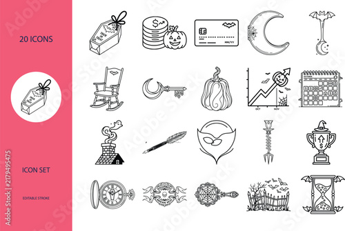 Halloween financial icons set with spooky business line art symbols