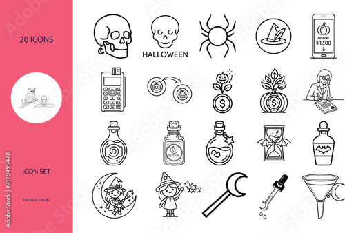 Halloween business finance linear icon set with editable stroke