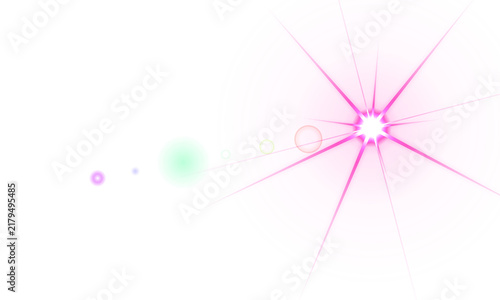 Bright pink star lens flare effect with light rays and soft glowing particles