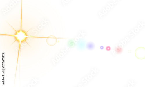 Bright glowing sun lens flare with colorful light spots and starburst effect for digital design overlays