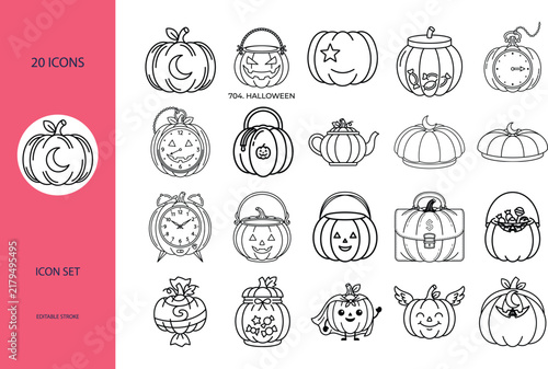 Halloween pumpkin line icon set featuring business themed Jack o lanterns
