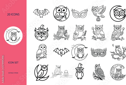 Set of halloween owl and bat icons with editable stroke