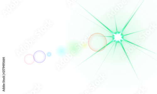 Bright green star light lens flare effect with colorful glowing circles and sparkling rays isolated on a simple plain background for creative design projects