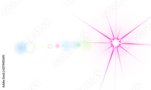 Bright pink star lens flare effect with colorful light bokeh circles