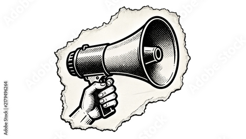 Hand holding vintage megaphone with halftone dots, isolated on transparent background