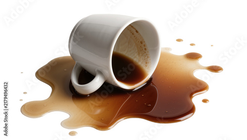 Fotografía White ceramic mug tipped over spilling dark coffee, isolated on transparent back