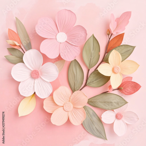 Delicate 3D Pink Spring Flowers and Leaves Floral Composition