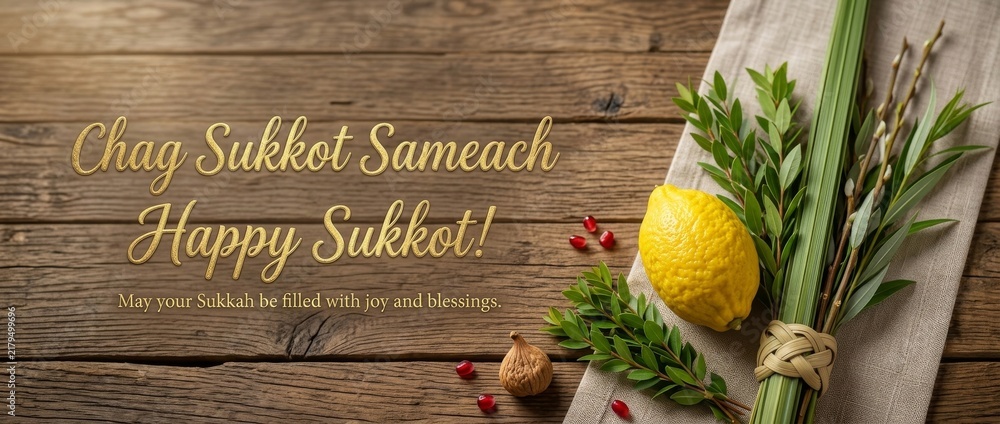 Obraz premium Celebrating Sukkot: A Meaningful Tradition with Nature's Bounty Featuring Four Species and Joyous Blessings