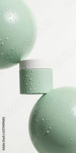 Aesthetic close-up of a skincare jar balanced between two green spheres covered in water droplets