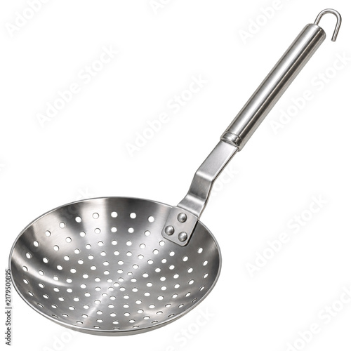 Isolated stainless steel skimmer spoon with a long handle on a