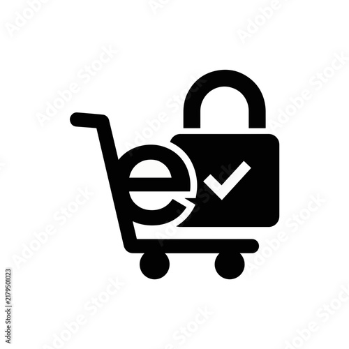 Shopping cart with security lock and checkmark icon. Safe online shopping and secure payment concept. Black glyph symbol isolated on white background. Vector illustration for web, app, banner