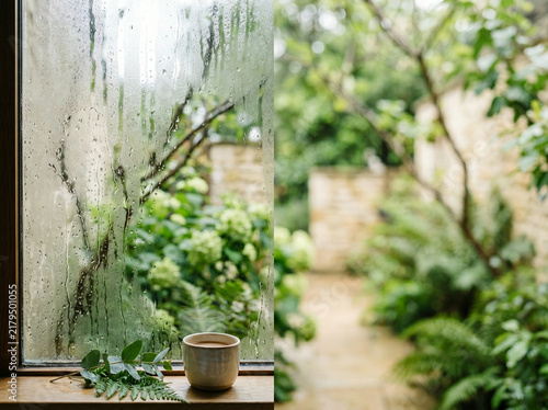 Interior window framing a lush green summer garden scene beyond the glass
